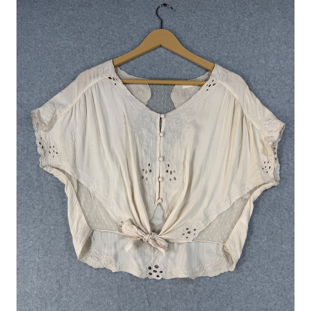 Lush Small Top Boho Cottagecore Rayon Eyelet Mesh Tie Front Cream